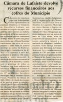 Câmara de Lafaiete devolve recursos financeiros aos cofres do Município. Jornal Nova Gazeta, Conselheiro Lafaiete, 06 jan. 2007, 445ª ed., p. 02