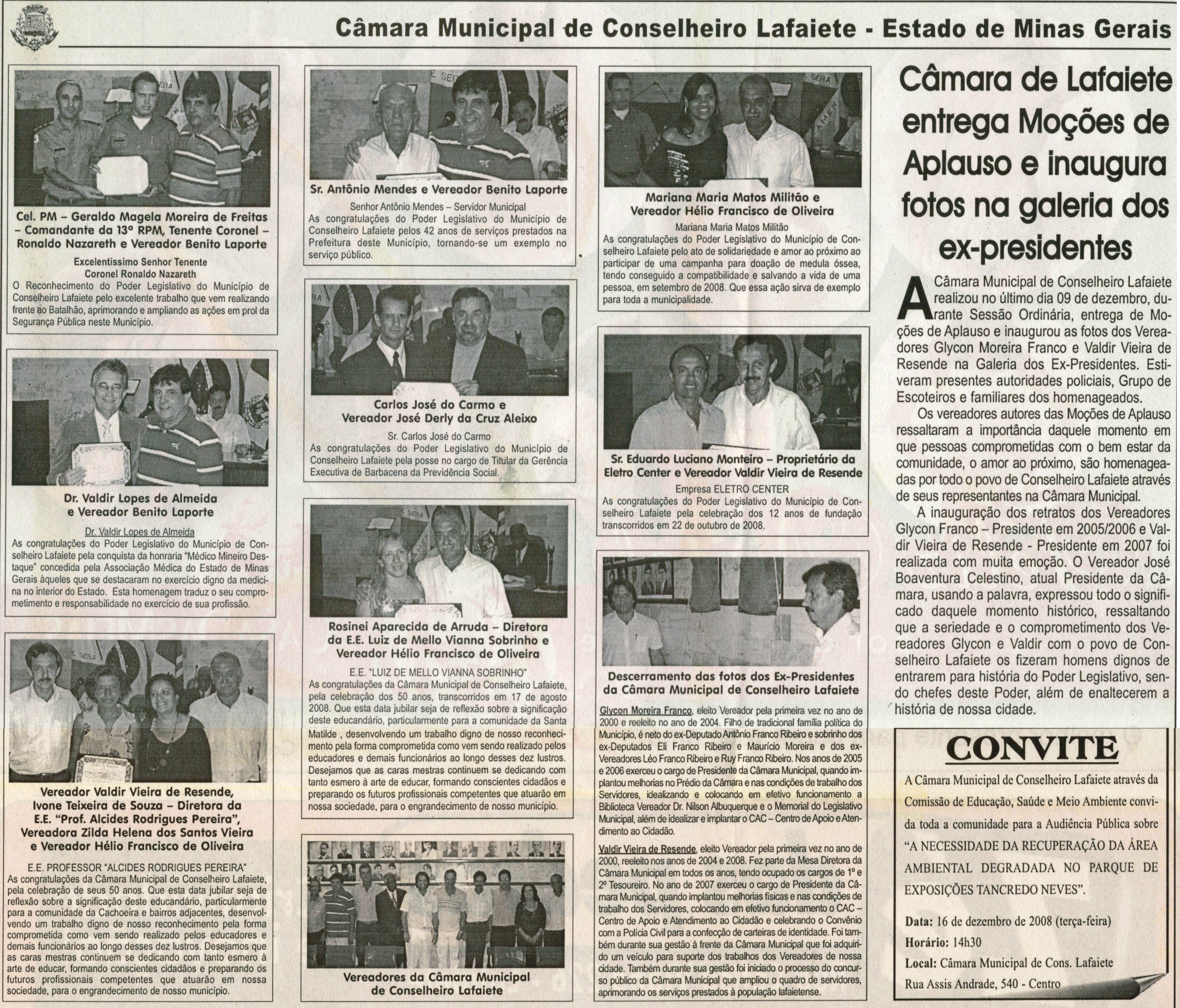 Câmara de Lafaiete entrega Moções de Aplauso e inaugura fotos na galeria dos ex-presidentes. Jornal Correio da Cidade, 13 dez. 2008, p. 55.