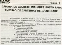 Câmara de Lafaiete inaugura posto para emissão de carteiras de identidade. Jornal Nova Gazeta, Conselheiro lafaiete, Gerais, 21 jun. 2008, 519ª ed., p.6