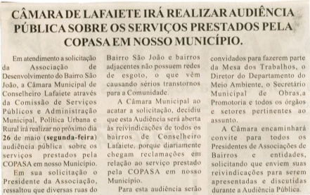 Câmara de Lafaiete irá realizar audiência pública sobre os serviços prestados pela COPASA em nosso município. Jornal Nova Gazeta, 10 mai. 2008, 513ª ed., p. 03