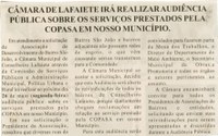 Câmara de Lafaiete irá realizar audiência pública sobre os serviços prestados pela COPASA em nosso município. Jornal Nova Gazeta, 10 mai. 2008, 513ª ed., p. 03