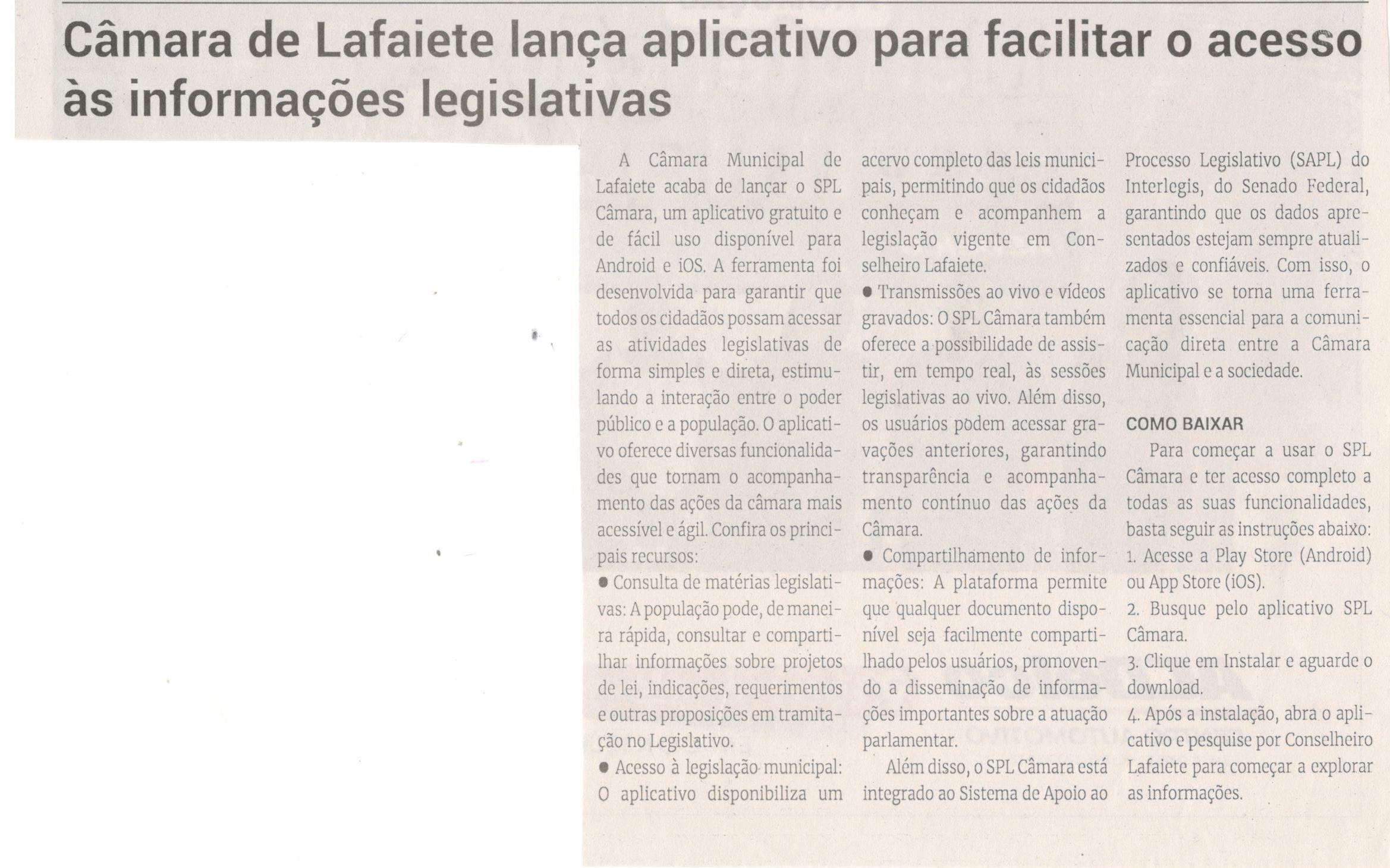 Câmara de Lafaiete lança aplicativo para facilitar o acesso às informações legislativas. Jornal Correio da Cidade, Conselheiro Lafaiete, 22 a 28 mar. 2025, 1772ª ed., Política, p. 4.