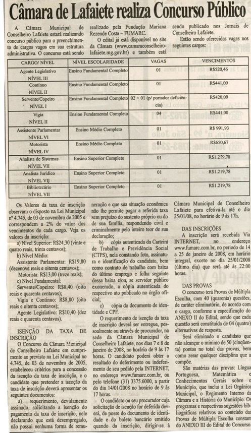Câmara de Lafaiete realiza Concurso Público. Folha Livre, Conselheiro Lafaiete, 29 dez. 2007, 352ª ed.,  p. 4.