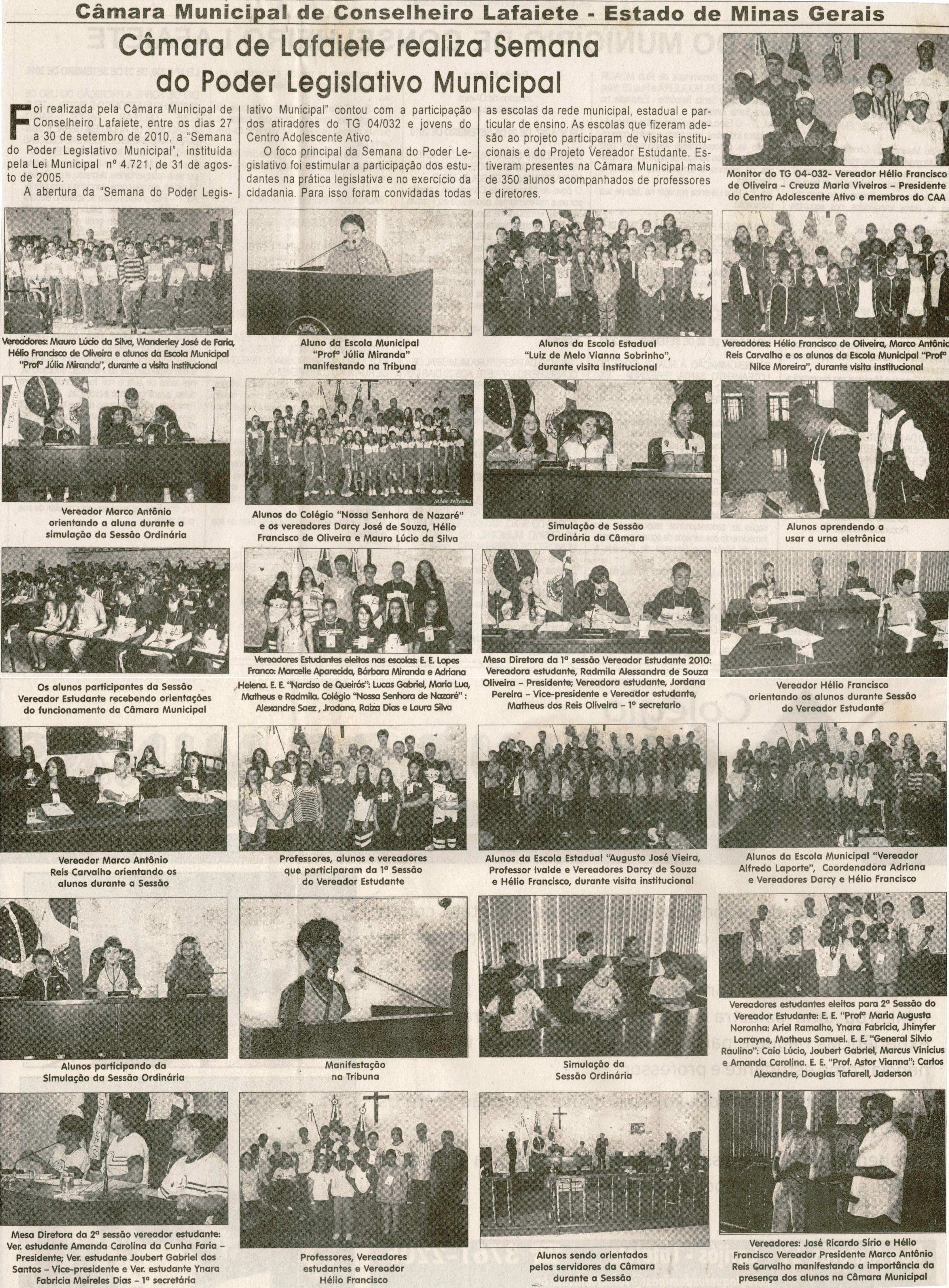 Câmara de Lafaiete realiza Semana do Poder Legislativo Municipal. Jornal Correio da Cidade, Conselheiro Lafaiete, 09 out. 2010, p. 49.
