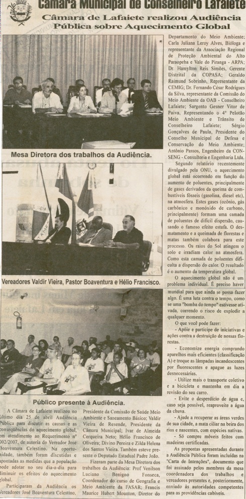  Câmara de Lafaiete realizou Audiência Pública sobre Aquecimento Global. Folha Livre, Conselheiro Lafaiete,  05 mai. 2007, 320ª ed., p. 02