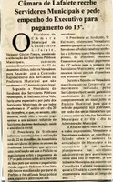 Câmara de Lafaiete recebe Servidores Municipais e pede empenho do Executivo para pagamento do 13º salário. Jornal Nova Gazeta, Conselheiro Lafaiete, 06 jan. 2007, 445ª ed., p. 21.