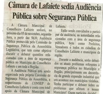 Câmara de Lafaiete sedia Audiência Pública sobre Segurança Pública. Folha Livre, Conselheiro Lafaiete, 02 nov. 2007, 344ªed., p. 02