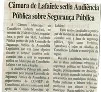 Câmara de Lafaiete sedia Audiência Pública sobre Segurança Pública. Folha Livre, Conselheiro Lafaiete, 02 nov. 2007, 344ªed., p. 02