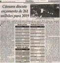 Câmara discute orçamento de 261 milhões para 2019. Jornal Correio da Cidade, 20 out. 2018 a 26 out. 2018. 1444ª ed., Caderno Política, p. 6.