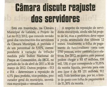 Câmara discute reajuste dos servidores. Jornal Correio da Cidade, Conselheiro Lafaiete, 24 mar. 2012, 1104ª ed, p.2.