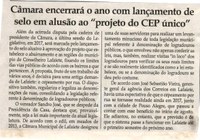 Câmara encerrará o ano com lançamento de selo em alusão ao "projeto do CEP único". Jornal Correio da Cidade, Conselheiro Lafaiete, 16 dez. 2017 a 22 dez. 2017, 1400ª ed., Caderno Política, p 6.