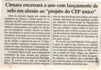 Câmara encerrará o ano com lançamento de selo em alusão ao "projeto do CEP único". Jornal Correio da Cidade, Conselheiro Lafaiete, 16 dez. 2017 a 22 dez. 2017, 1400ª ed., Caderno Política, p 6.