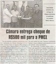 Câmara entrega cheque de R$ 500 mil para a PMCL. Jornal Correio da Cidade, 22 dez. 2018 a 28 dez. 2018. 1453ª ed., Caderno Política, p. 6.