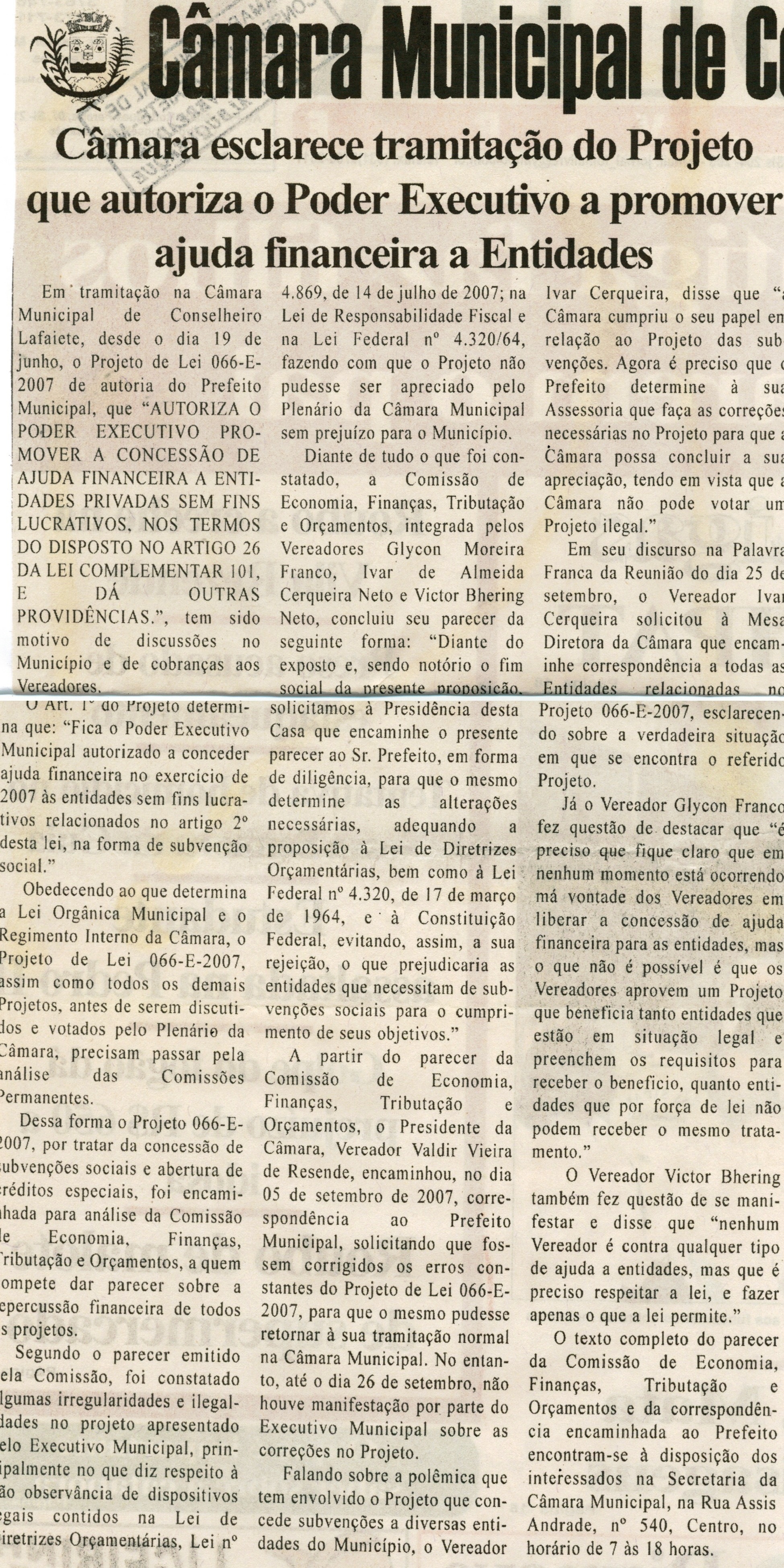 Câmara esclarece tramitação do Projeto que autoriza o Poder Executivo a promover ajuda financeira a Entidades. Folha Livre, Conselheiro Lafaiete, 29 set. 2007, 340ª ed., p. 02