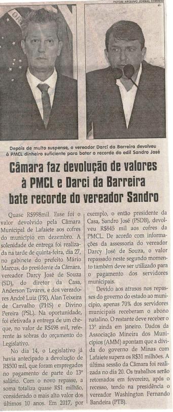 Câmara faz devolução de valores à PMCL e Darci da Barreira bate recorde do vereador Sandro. Jornal Nova Gazeta, Conselheiro Lafaiete, 05 jan. 2019 a 11 jan. 2019, 1455ª ed., p. 6.