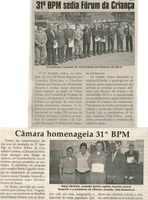 Câmara homenageia 31º BPM sedia Fórum da Criança; Câmara homenageia 31º BPM, Jornal Correio da Cidade, Conselheiro Lafaiete, 21 jun. 2008, 911 ed. p. 16, 39. 