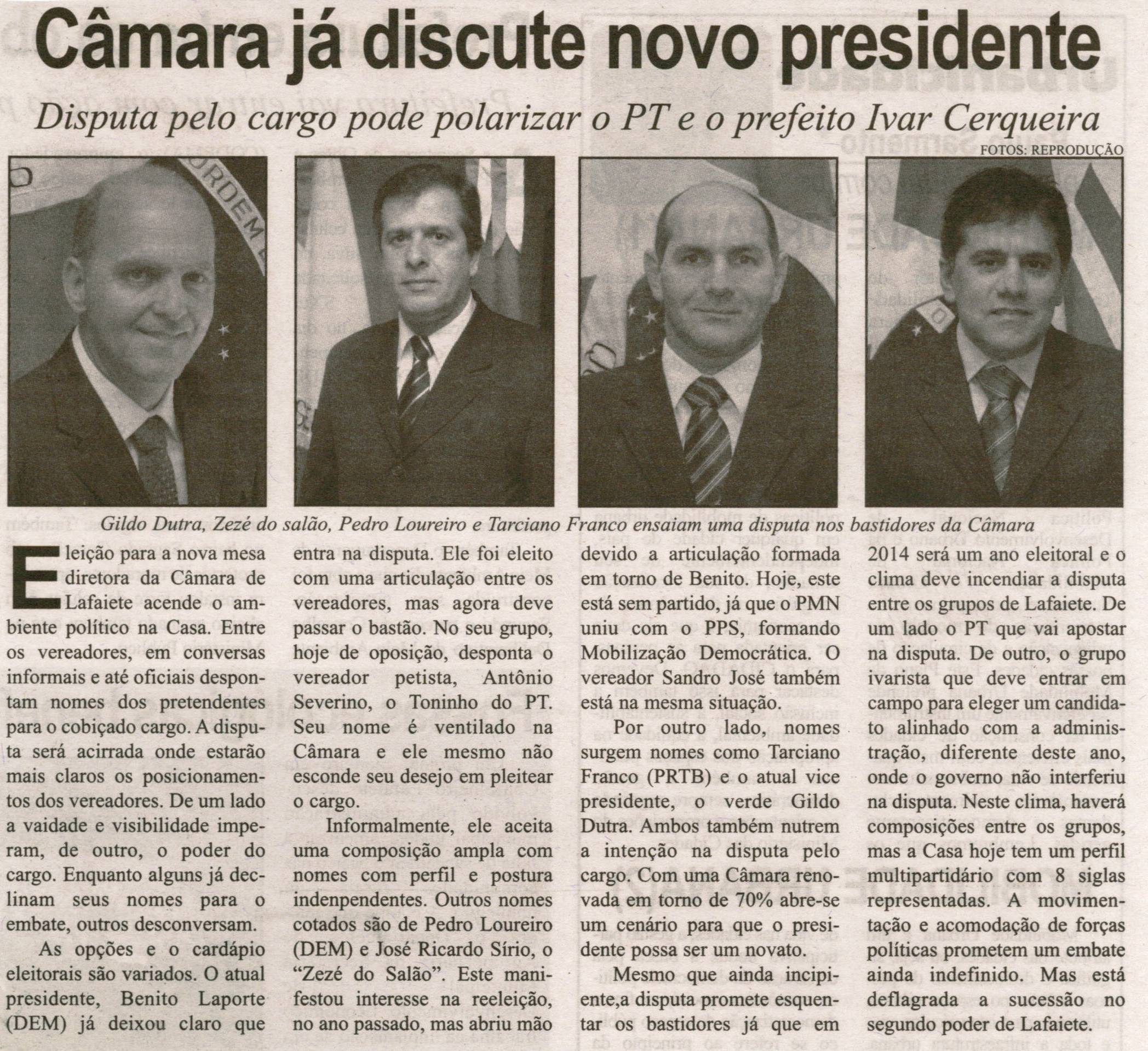 Câmara já discute novo presidente: disputa pelo cargo pode polarizar  o PT e o prefeito Ivar Cerqueira. Correio de Minas, Conselheiro Lafaiete, 01 jun. 2013, p. 03.