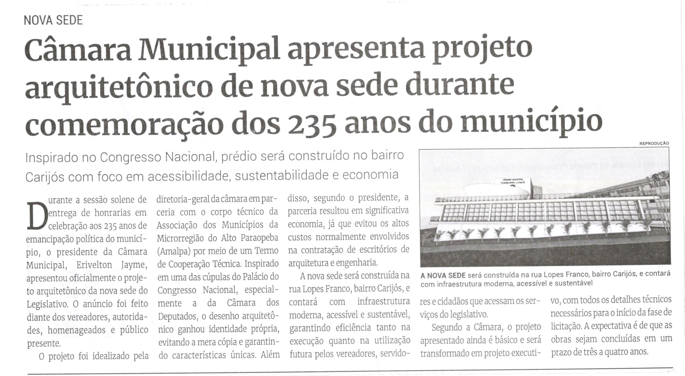 Câmara Municipal apresenta projeto arquitetônico de nova sede durante comemoração dos 235 anos do município. Jornal Correio da Cidade, Conselheiro Lafaiete, 20 a 26 set. 2025, 1797ª ed., Política, p. 2.