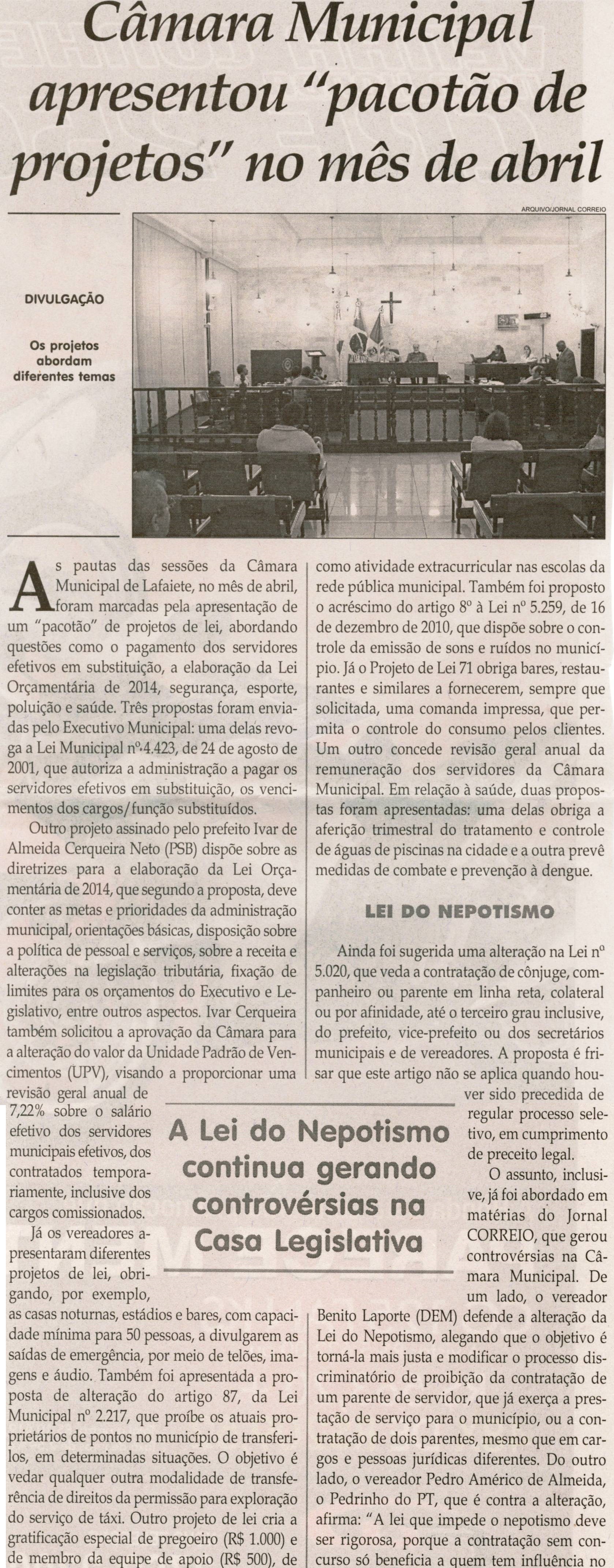 Câmara Municipal apresentou pacotão de projetos no mês de abril. Jornal Correio da Cidade, Conselheiro Lafaiete, 11 mai. 2013 a 17 mai. 2013, p. 4.