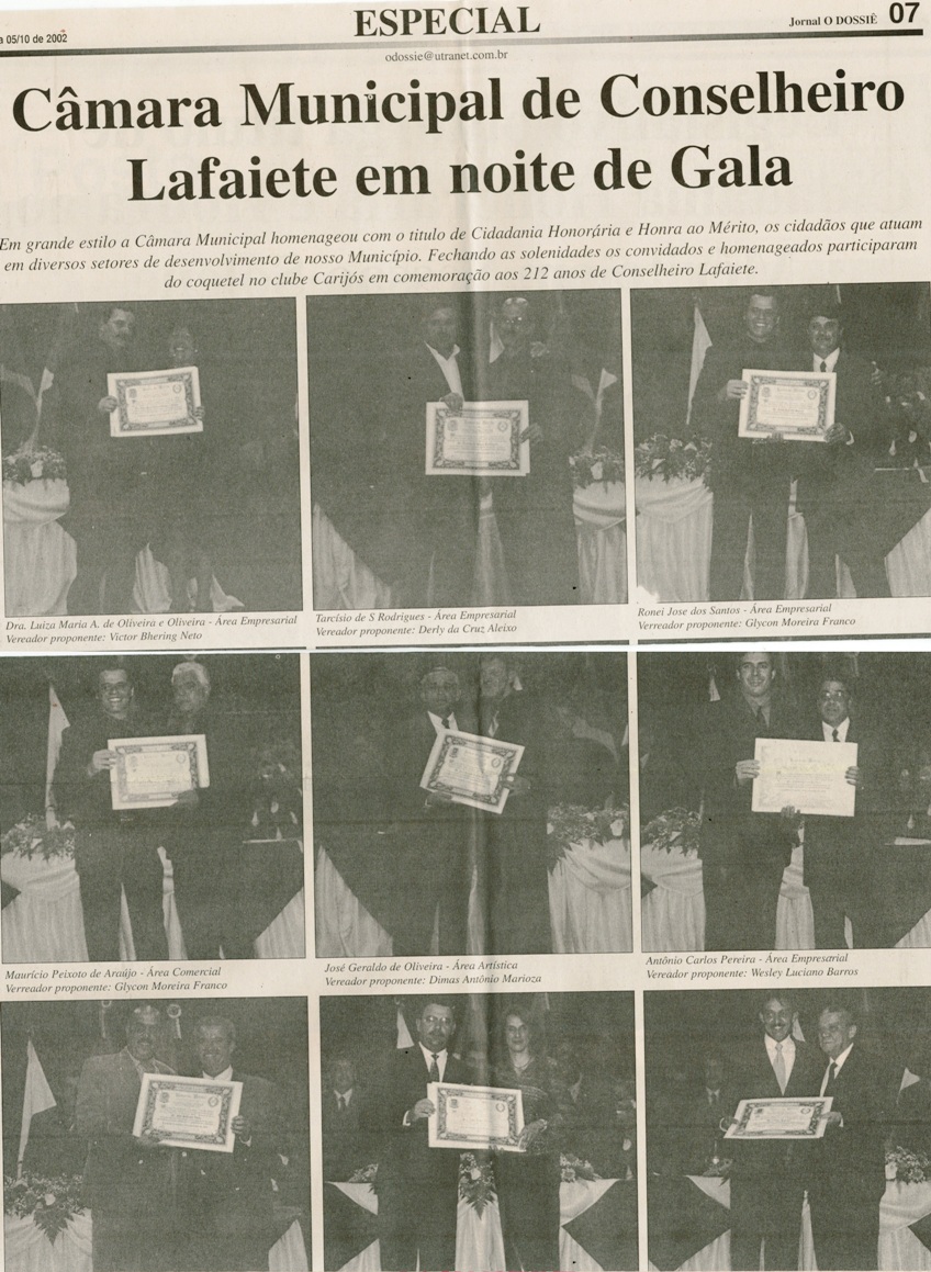 Câmara Municipal de Conselheiro Lafaiete em noite de Gala. Jornal O Dossiê, Conselheiro Lafaiete, 28 set. a 05 out 2002, s.n. , Especial, p. 7.