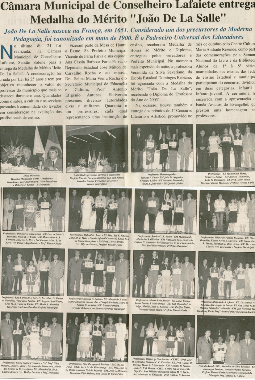 Câmara Municipal de Conselheiro Lafaiete entrega Medalha do Mérito "João De La Salle". Jornal O Dossiê, Conselheiro Lafaiete. 29 nov. a 08 dez. 2003, Especial, s.n., p. 10
