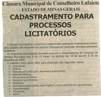 Câmara Municipal de Conselheiro Lafaiete, Estado de Minas Gerais cadastramento para processos licitatórios. Jornal Nova Gazeta, 26 jan. 2008, 498ª ed., p. 03.
