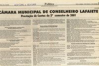  Câmara Municipal de Conselheiro Lafaiete : Prestação de Contas do 2º semestre de 2001. Correio da Cidade, Conselheiro Lafaiete, s.n., Política, 12 a 18 jan., p. 3.