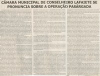 Câmara municipal de Conselheiro Lafaiete se pronuncia sobre a operação Passárgada.Jornal Nova Gazeta, 26 abr. 2008, 511ª 24 ed., p. 04