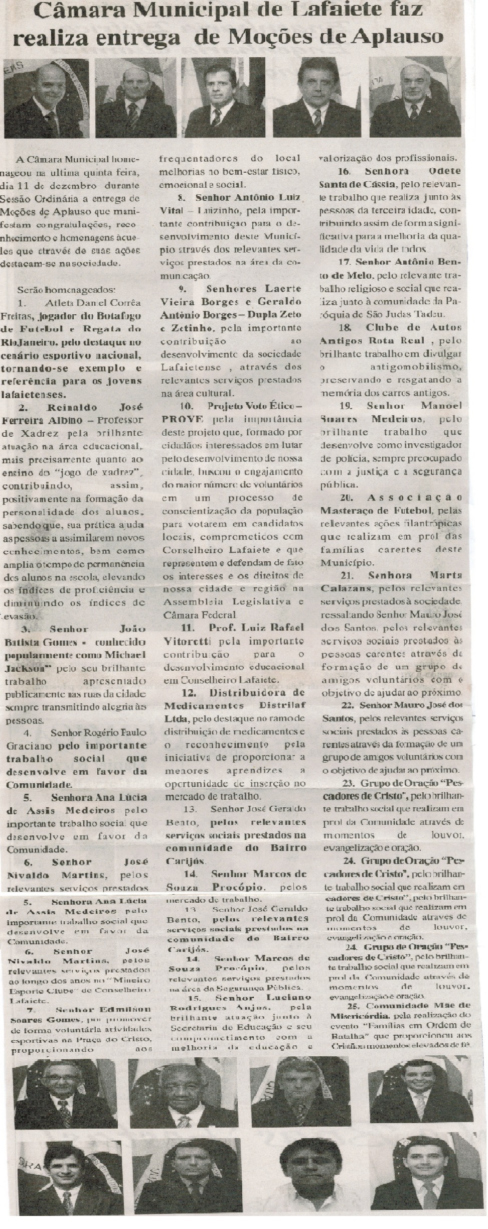Câmara Municipal de Lafaiete faz realiza entrega de Moções de Aplauso. Jornal Expressão Regional, Conselheiro Lafaiete, 19 dez. 2014  26 dez. 2014, p.10