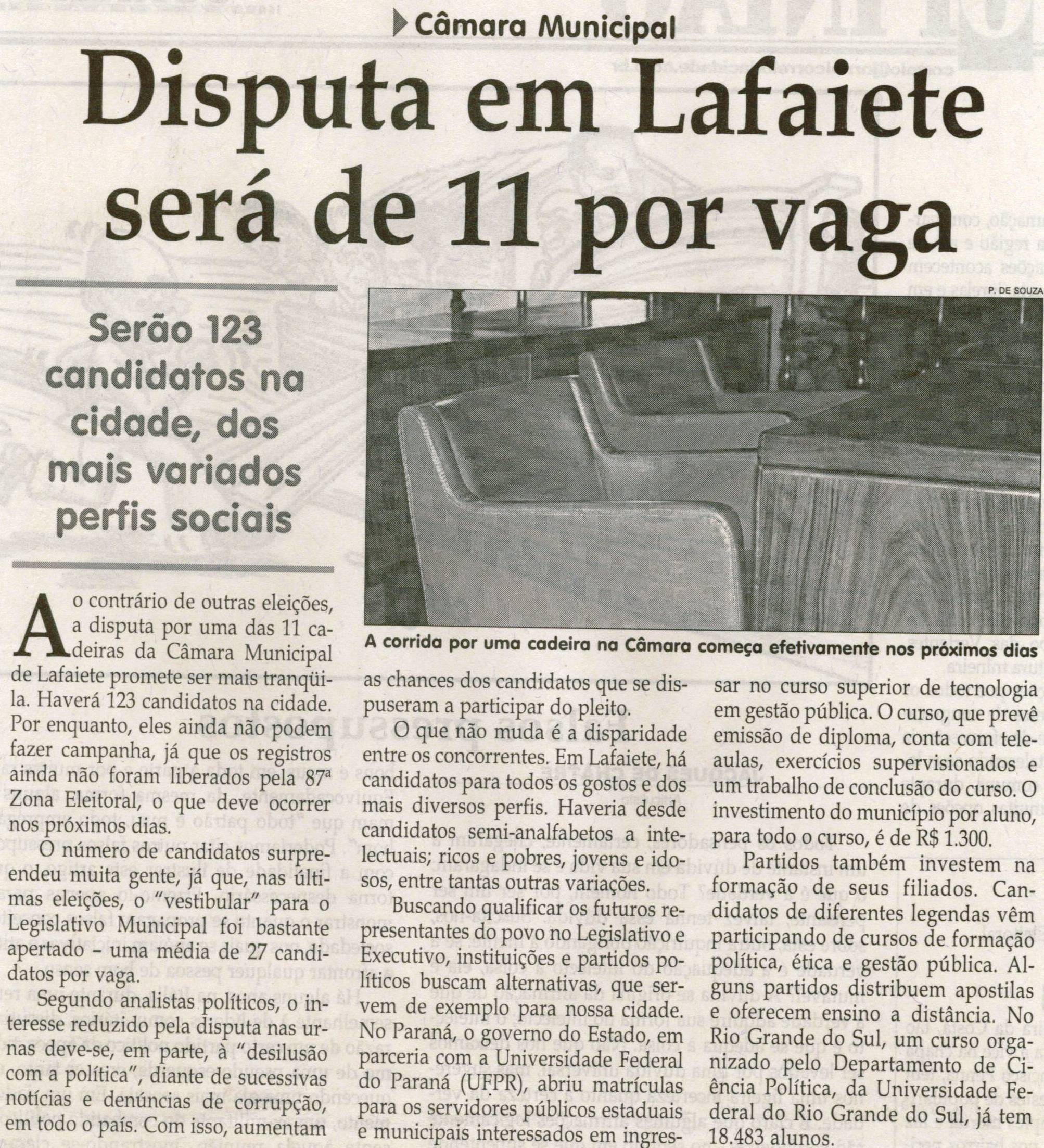 Câmara Municipal: disputa em Lafaiete será de 11 por vaga: serão 123 candidatos na cidade, dos mais variados perfis sociais. Jornal Correio da Cidade, Conselheiro Lafaiete, 12 jul. 2008, p. 7.
