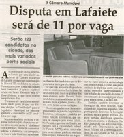 Câmara Municipal: disputa em Lafaiete será de 11 por vaga: serão 123 candidatos na cidade, dos mais variados perfis sociais. Jornal Correio da Cidade, Conselheiro Lafaiete, 12 jul. 2008, p. 7.