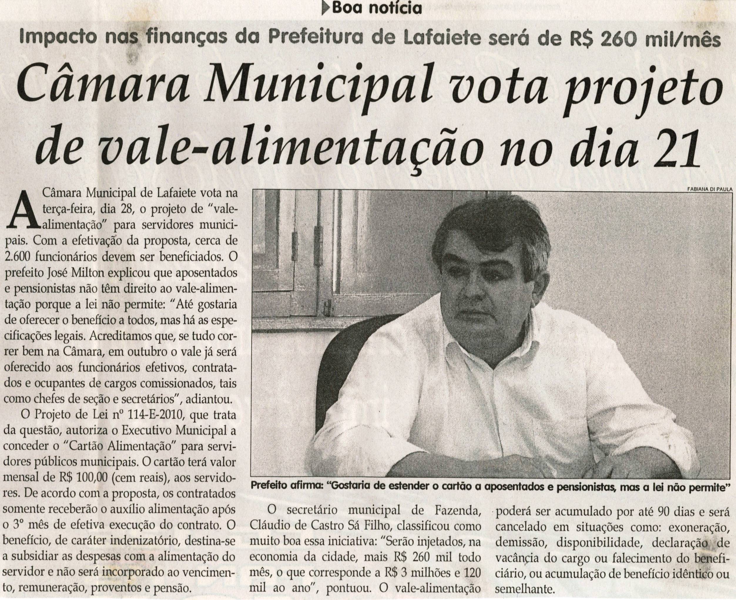 Câmara Municipal vota projeto de vale-alimentação no dia 21: impacto nas finanças da Prefeitura de Lafaiete será  de R$260 mil/mês. Jornal Correio da Cidade, Conselheiro lafaiete, 18 set. 2010, p. 04.