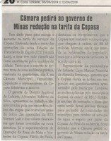 Câmara pedirá ao governo de Minas redução na tarifa da Copasa. Jornal Correio da Cidade, 06 abr. 2019 a 12 abr. 2019. 1468ª ed., Caderno Comunidade, p. 20.