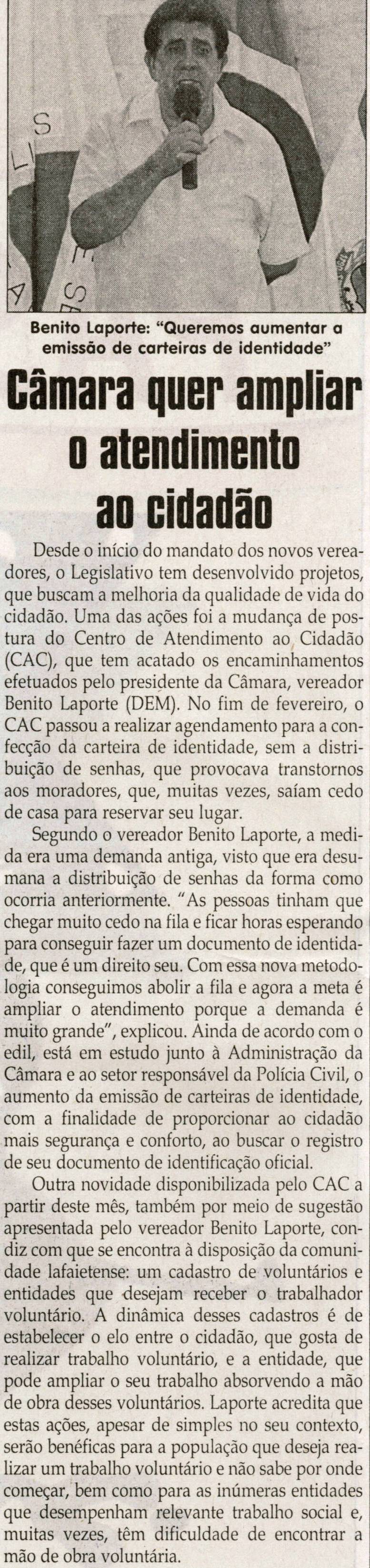 Câmara quer ampliar o atendimento ao cidadão. Jornal Correio da Cidade, Conselheiro Lafaiete, 09 mar. 2013 a 15 mar. 2013, p. 6.