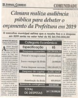 Câmara realiza audiência pública para debater o orçamento da Prefeitura em 2019. Jornal Correio da Cidade, 13 out. 2018 a 19 out. 2018. 1443ª ed., Caderno Comunidade, p. 15.