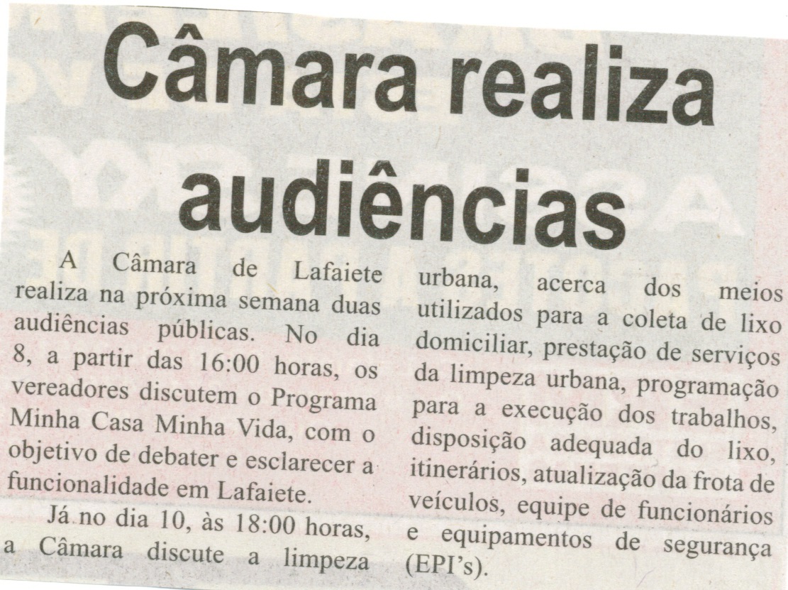 Câmara realiza audiências. Correio de Minas, Conselheiro Lafaiete, 06 set. 2014, p. 2.