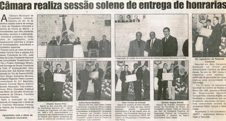 Câmara realiza sessão solene de entrega de honrarias. Jornal Nova Gazeta, Conselheiro Lafaiete, 22 a 28 set. 2001, 174ª ed., p. 16.