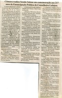 Câmara realiza Sessão Solene em comemoração aos 217 anos de Emancipação Política de Conselheiro Lafaiete. Jornal Nova Gazeta, Conselheiro Lafaiete, 07 set. 2007, 478ª ed., p. 05.
