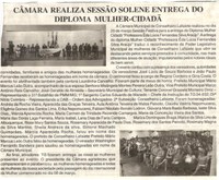 Câmara realiza sessão solene entrega do diploma mulher-cidadã. Jornal Gazeta, Conselheiro Lafaiete, 24 mar. 2018 a 30 mar. 2018, 945ª ed., Caderno Gerais, p. 3. 