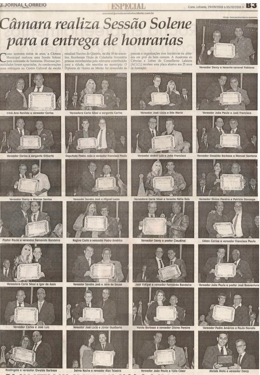 Câmara realiza Sessão Solene para a entrega de honrarias. Jornal Correio da Cidade, 29 set. 2018 a 05 out. 2018. 1441ª ed., Caderno Especial, p. B3.