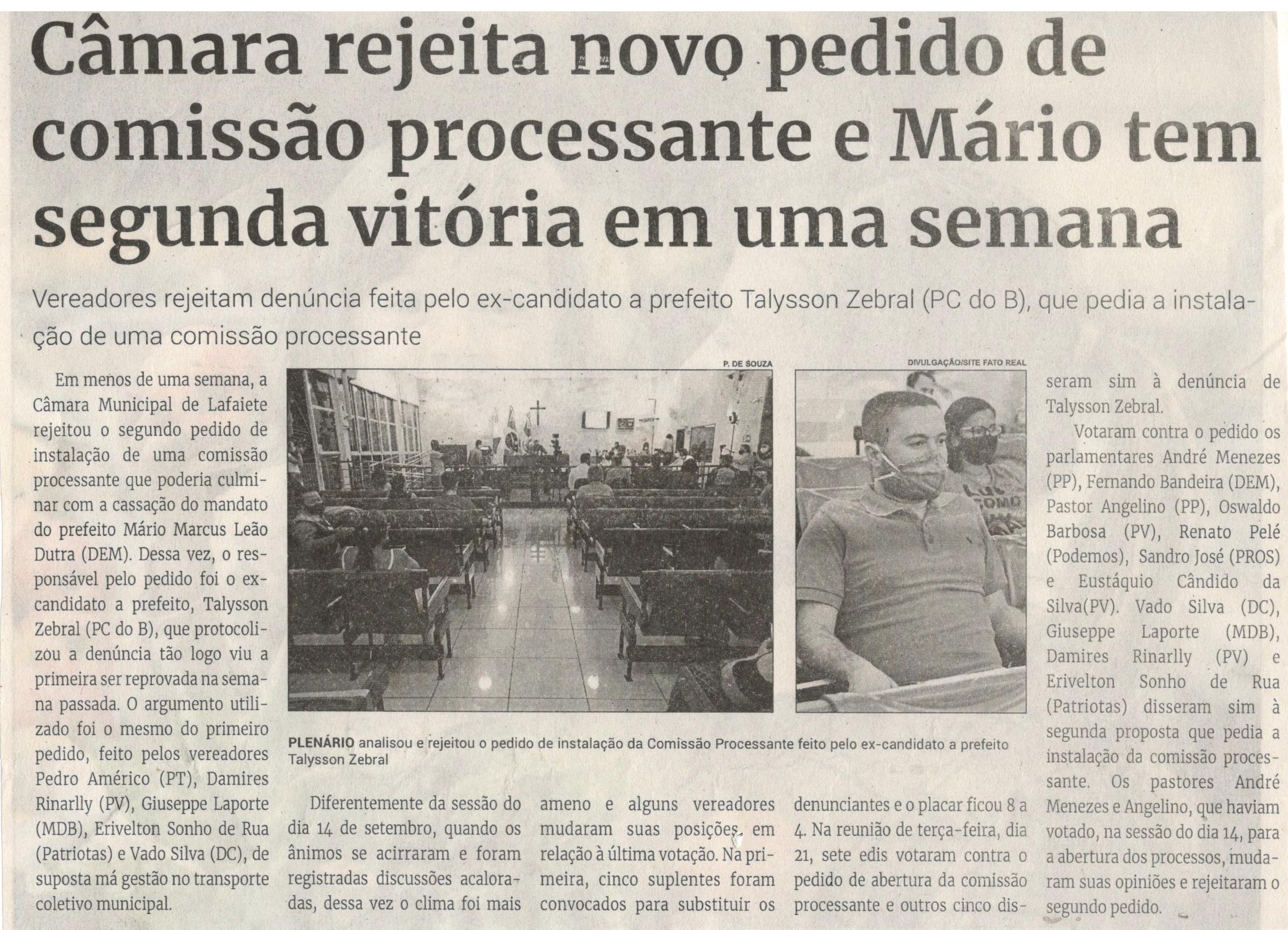 Câmara rejeita novo pedido de comissão processante e Mário tem segunda vitória em uma semana. Jornal Correio, Conselheiro Lafaiete, 25 Setembro 2021, 1595ª ed., Caderno Política, p. 06.