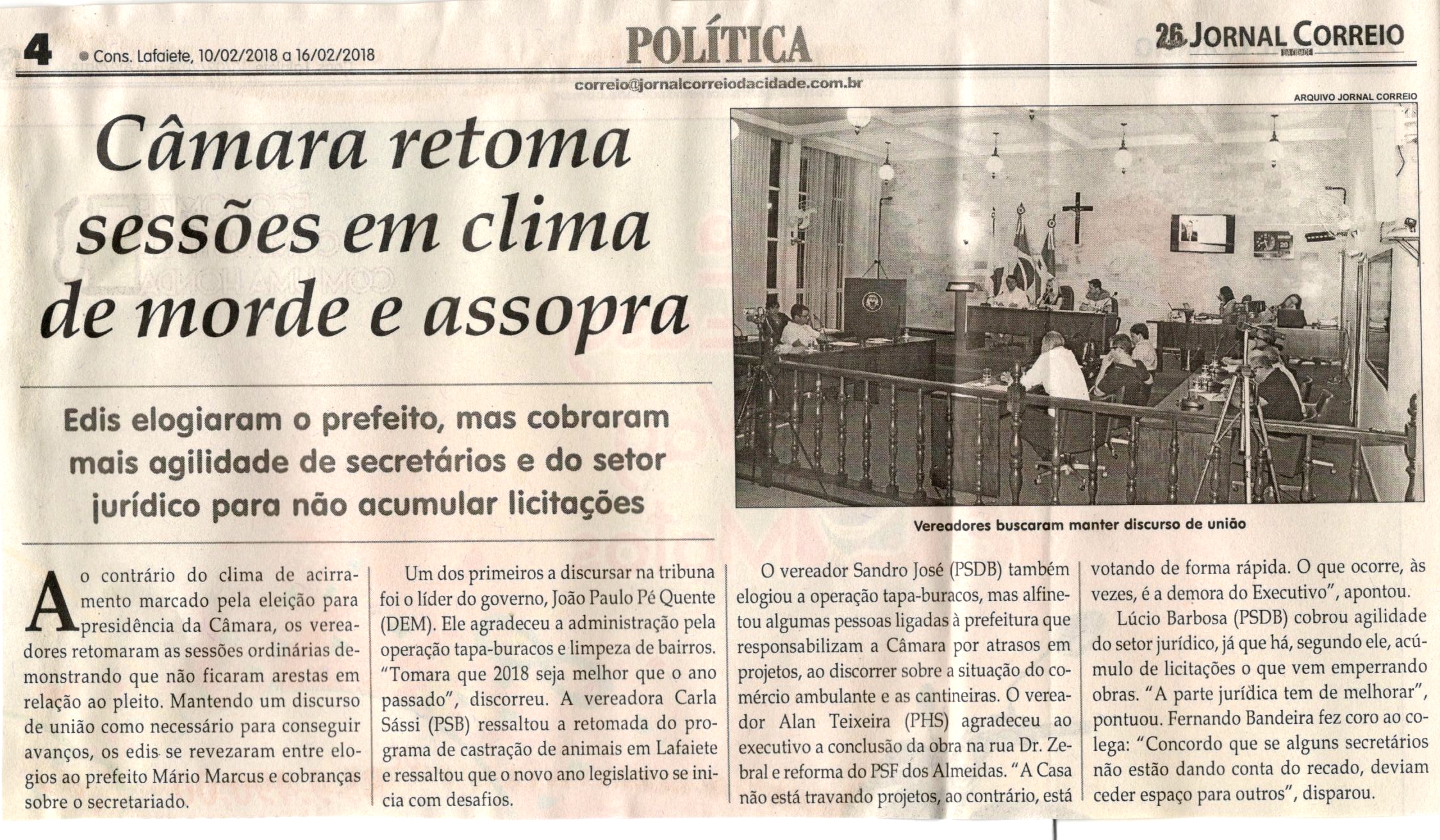 Câmara retoma sessões em clima de morde e assopra. Jornal Correio da Cidade, Conselheiro Lafaiete, 10 fev. 2018 a 16 fev. 2018, 1408ª ed., Caderno Política, p 04.