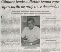 Câmara tende a dividir tempo entre apreciação de projetos e denúncias:  Presidente da Câmara prevê mudança na rotina de trabalho com a chegada do período pré-eleitoral.. Jornal Correio da Cidade, Conselheiro Lafaiete, 21 ago. 2015, p. 06.