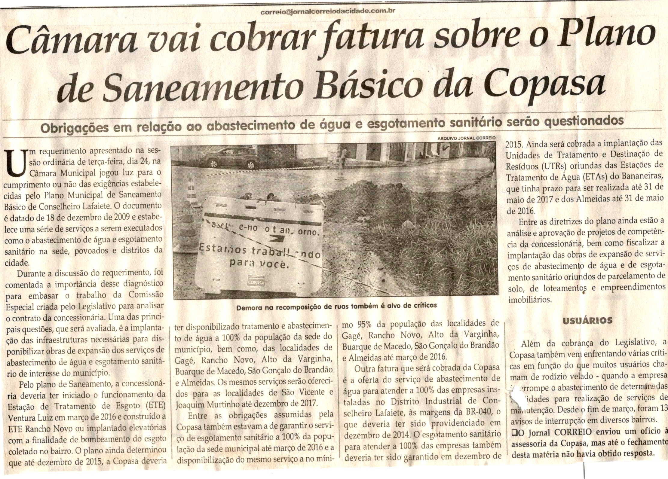 Câmara vai cobrar fatura sobre o Plano de Saneamento Básico da Copasa. Jornal Correio da Cidade, Conselheiro Lafaiete, 28 out. 2017 a 03 nov. 2017, 1393ª ed., Caderno Comunidade, p 12.