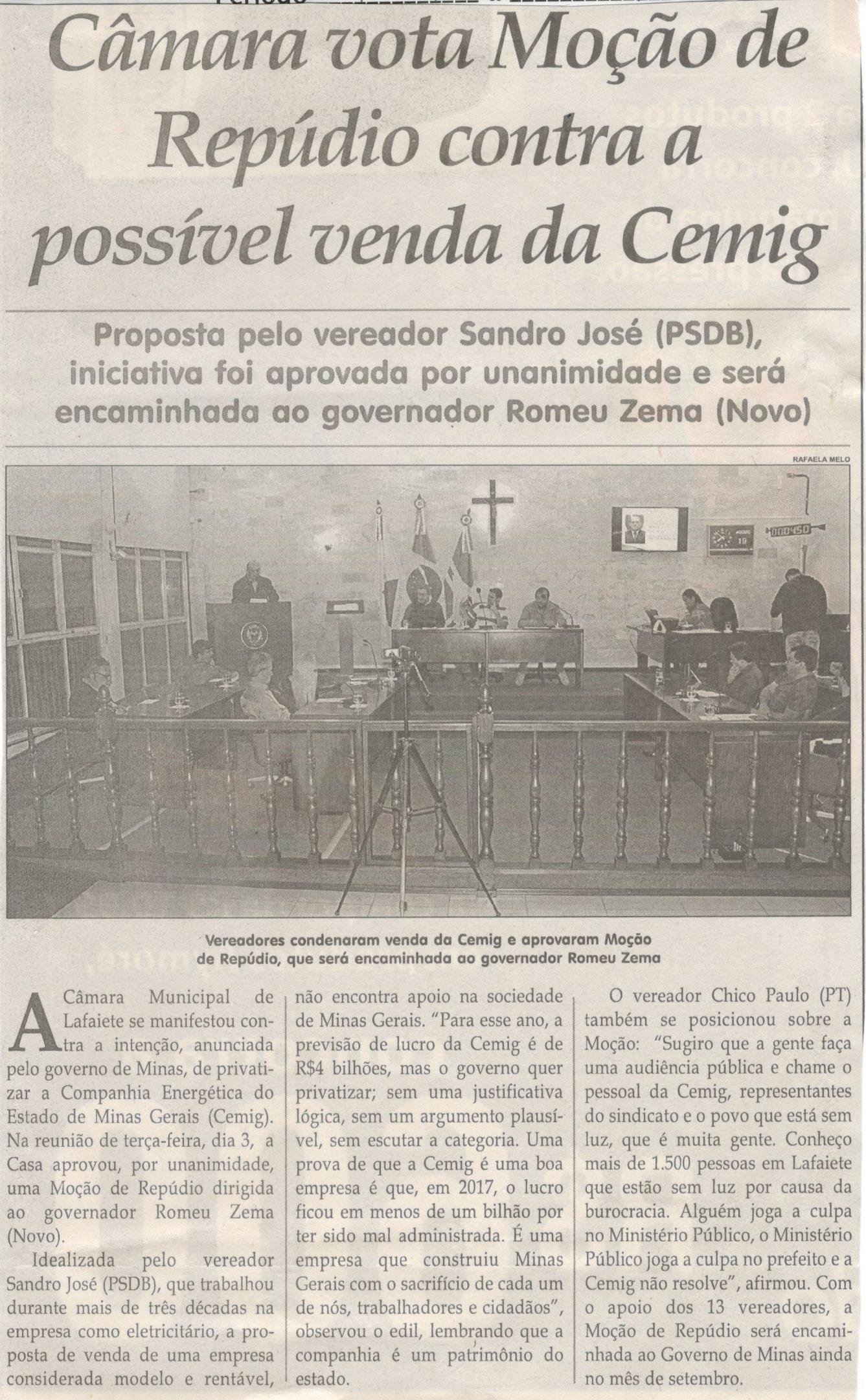 Câmara vota Moção de Repúdio contra a possível venda da Cemig. Jornal Correio da Cidade, 07 set. a 13 set, 1490ª ed., Caderno Política, p. 6. 