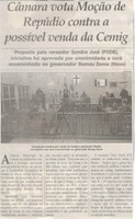 Câmara vota Moção de Repúdio contra a possível venda da Cemig. Jornal Correio da Cidade, 07 set. a 13 set, 1490ª ed., Caderno Política, p. 6. 