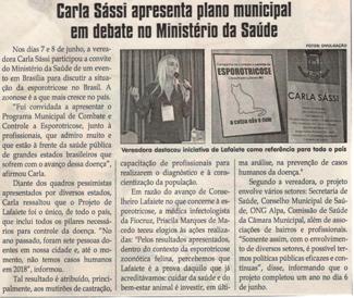 Carla Sássi apresenta plano municipal em debate no Ministério da Saúde. Jornal Correio da Cidade, 16 jun. 2018 a 22 jun. 2018. 1426ª ed., Caderno Política, p. 6.