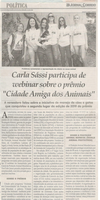 CARLA Sássi participa de webinar sobre o prêmio "Cidade Amiga dos Animais", Jornal Correio da Cidade, Conselheiro Lafaiete, 11 jul 2020,ed. 1533, Caderno Política, p.6