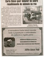 Carla Sássi quer debater lei sobre recolhimento de animais na rua. Jornal Correio da Cidade, Conselheiro Lafaiete, 04 fev. 2017 a 10 fev. 2017, 1355ª ed. Caderno Político, p. 6.