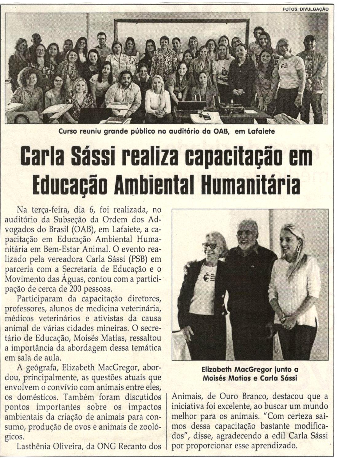 Carla Sássi realiza capacitação em Educação Ambiental Humanitária. Jornal Correio da Cidade, Conselheiro Lafaiete, 10 jun. 2017 a 16 jun. 2017, 1373ª ed., Caderno Política,p. 6.